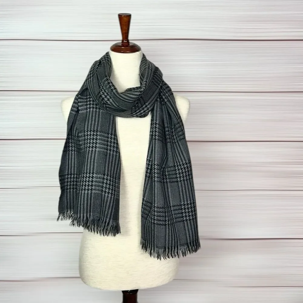 ETRO Milano Wool Oblong Scarf Gray Glen Plaid Men’s Women’s 18x72”